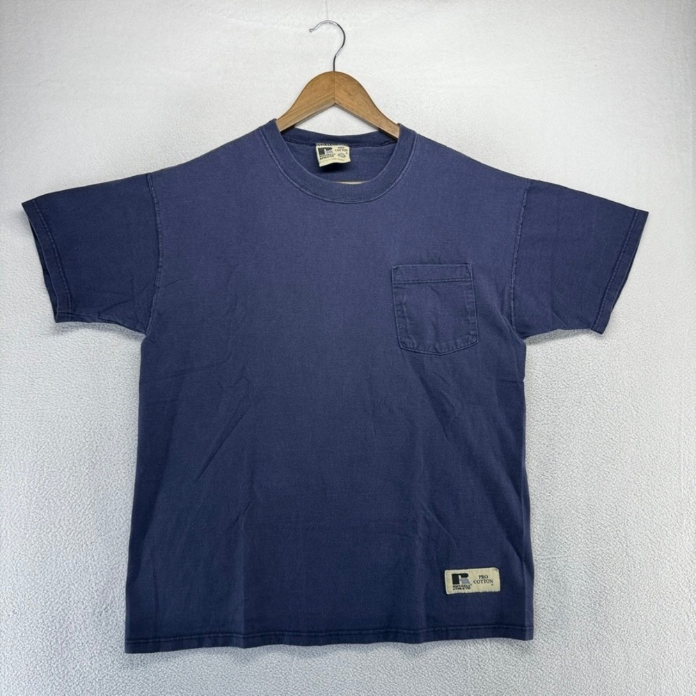 Vintage Russell Athletic Shirt Mens medium Blue Sun Faded Blank Pocket USA Made